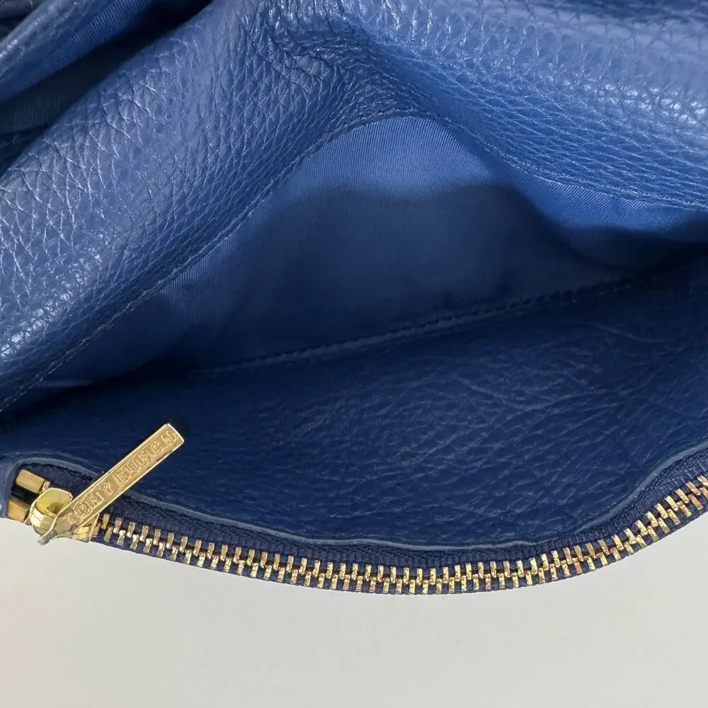 Tory Burch Amanda Envelope Continental Wallet Blue Pebble Leather Gold-Tone Logo